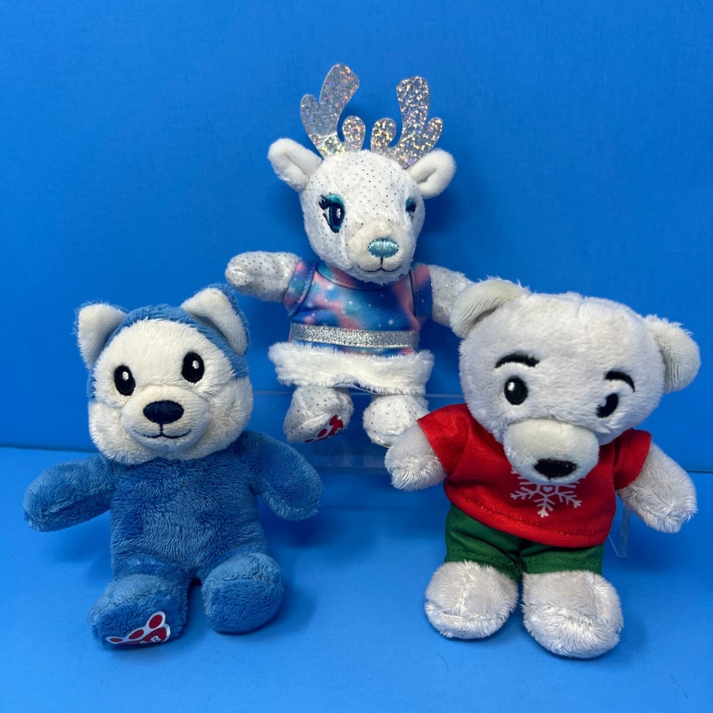 3 Build A Bear Plush Lotā 5 inch White Grey Blue Reindeer Bear Cat Holiday Dress